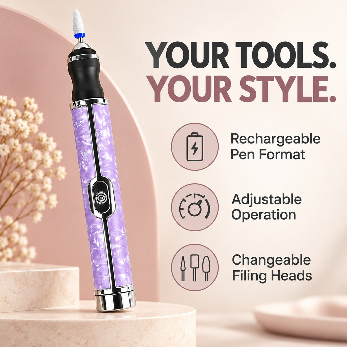 Rechargeable Nail Drill Pen with Adjustable Speed - Purple - features
