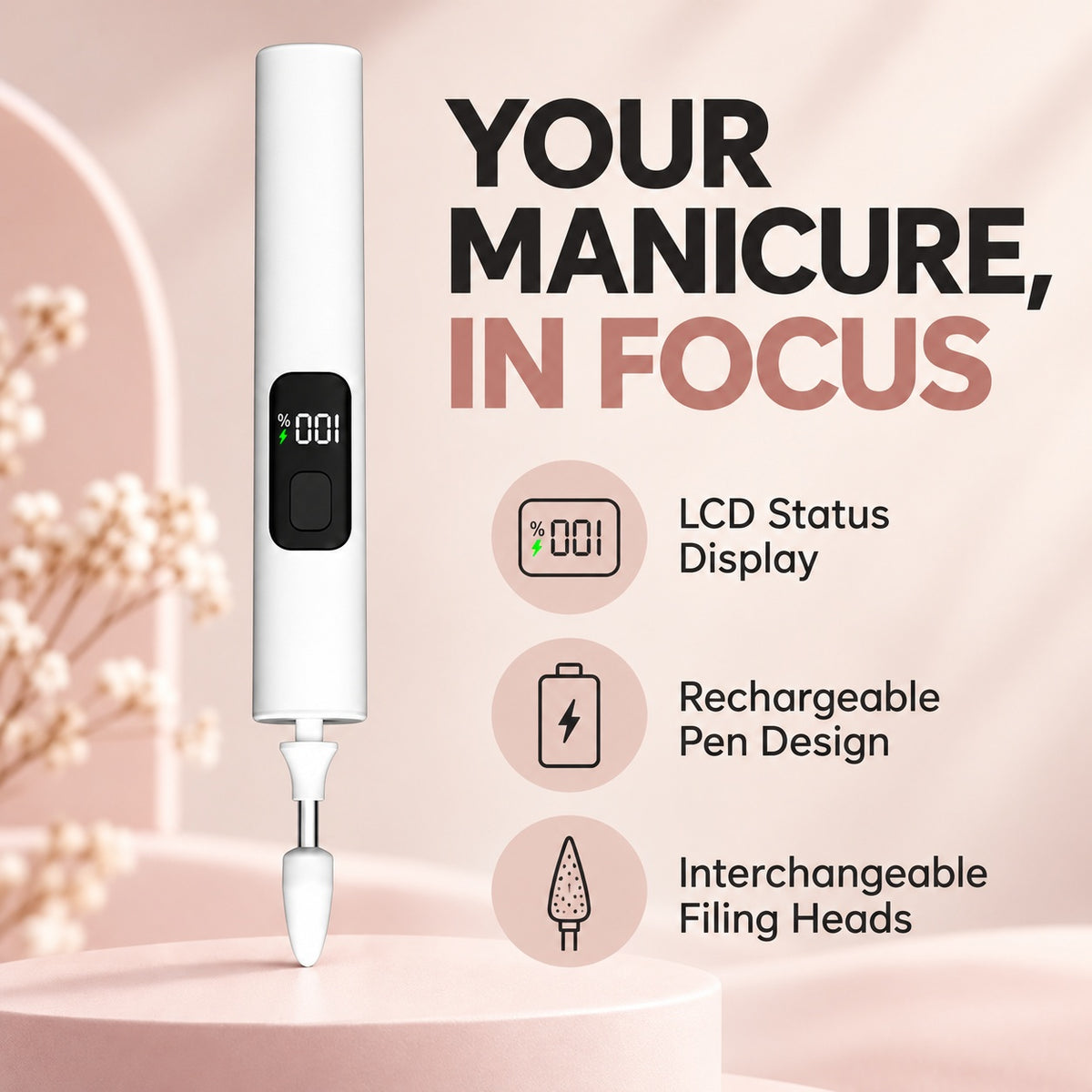 Rechargeable Electric Nail File with LCD Display - White - features