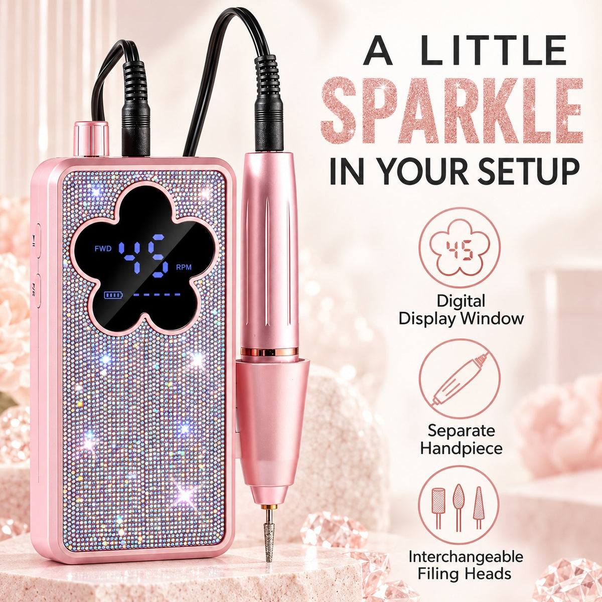 Sparkle Nail Drill with Digital Display, Flower or Heart - Flower Rhinestone - features