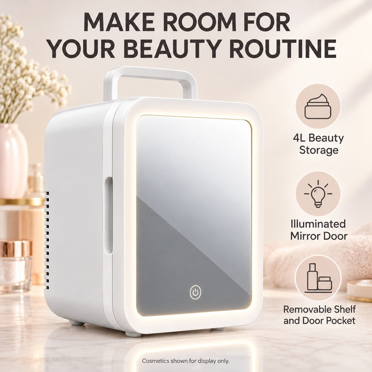 4L Skincare Mini Fridge with LED Mirror, Home & Car - White 4L - features