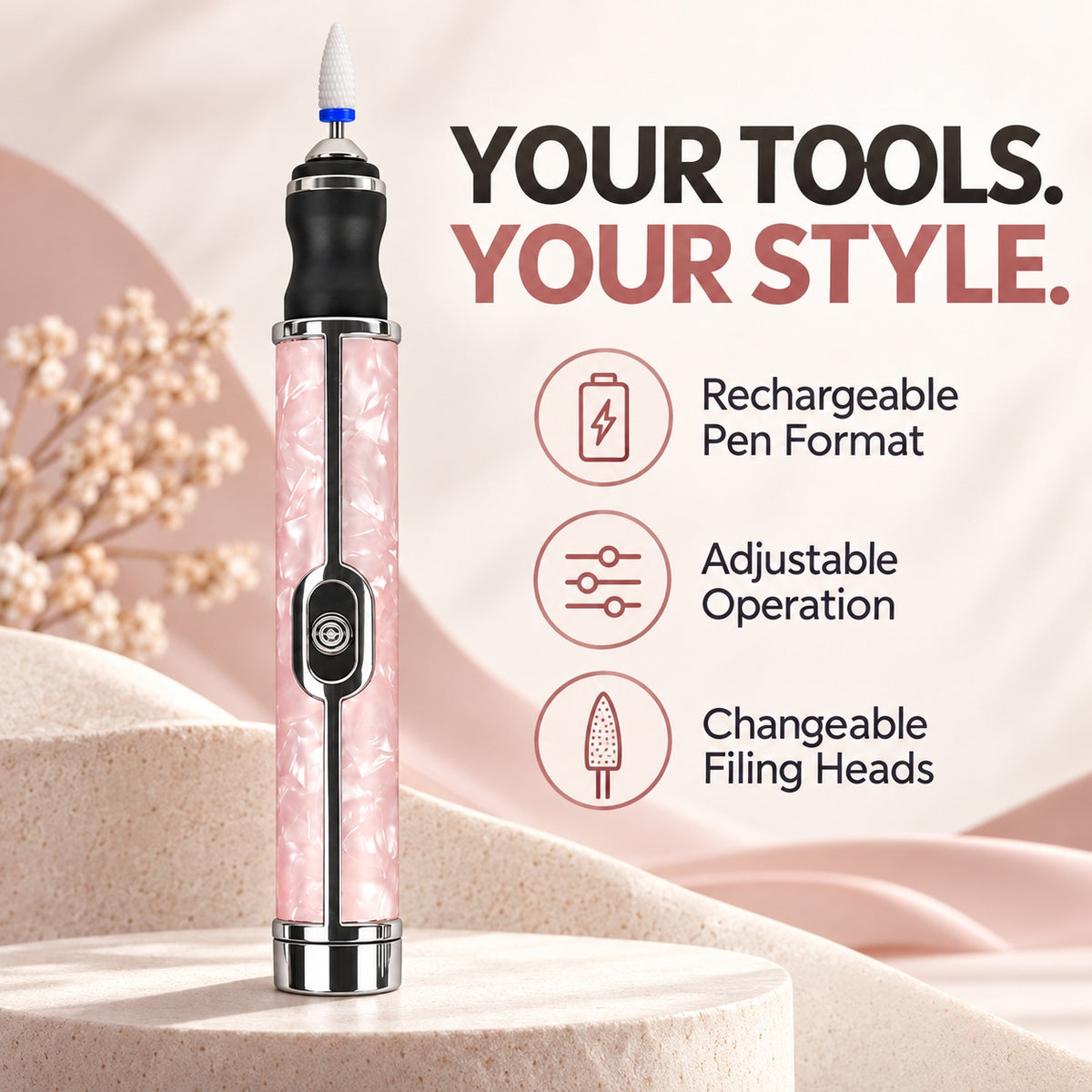 Rechargeable Nail Drill Pen with Adjustable Speed - Pink - features