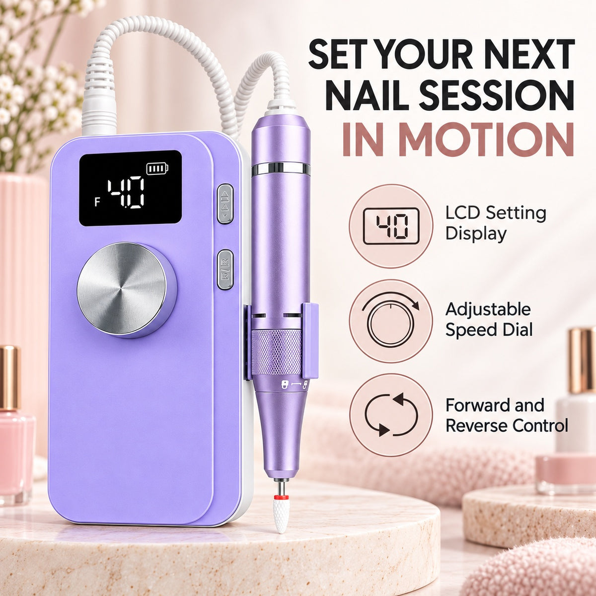 M05 Portable Nail Drill with LCD Display, Advanced Set - Purple - features