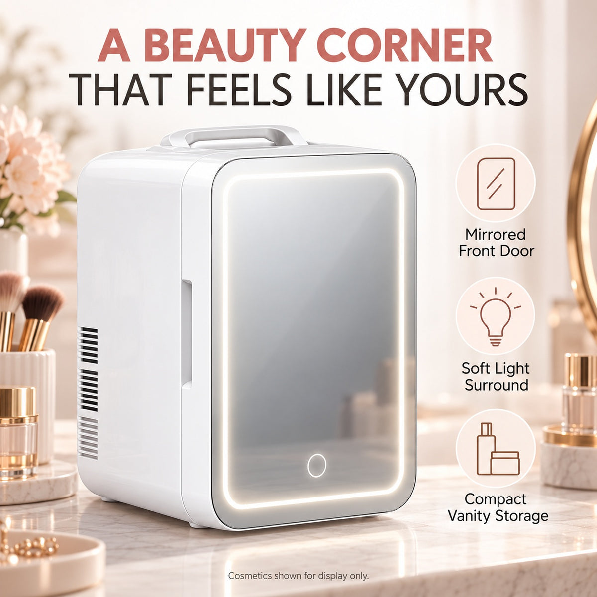 P4A Skincare Mini Fridge with Mirror & Soft Light - White - features