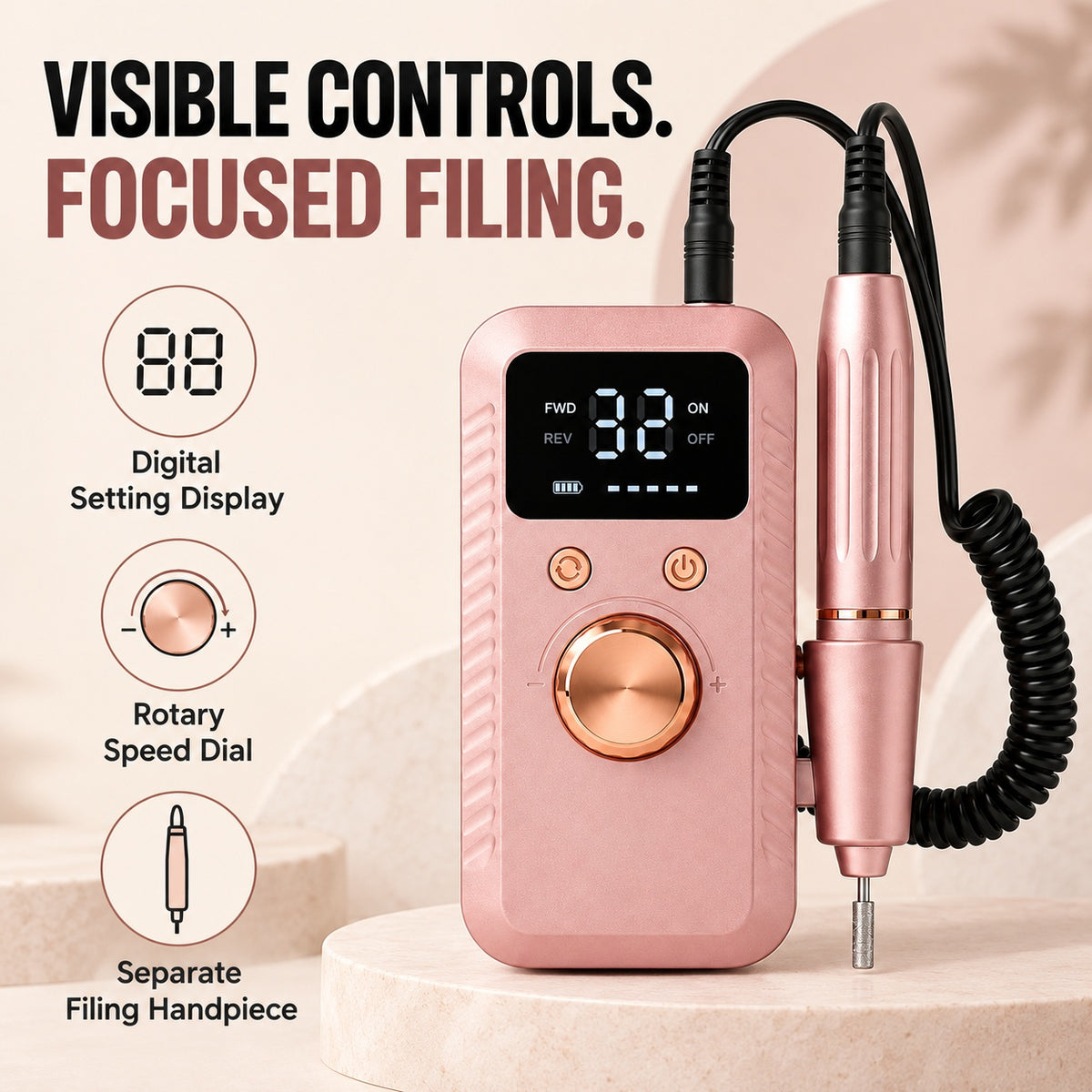 Portable Electric Nail Drill with Digital Controller - Rose Gold - features