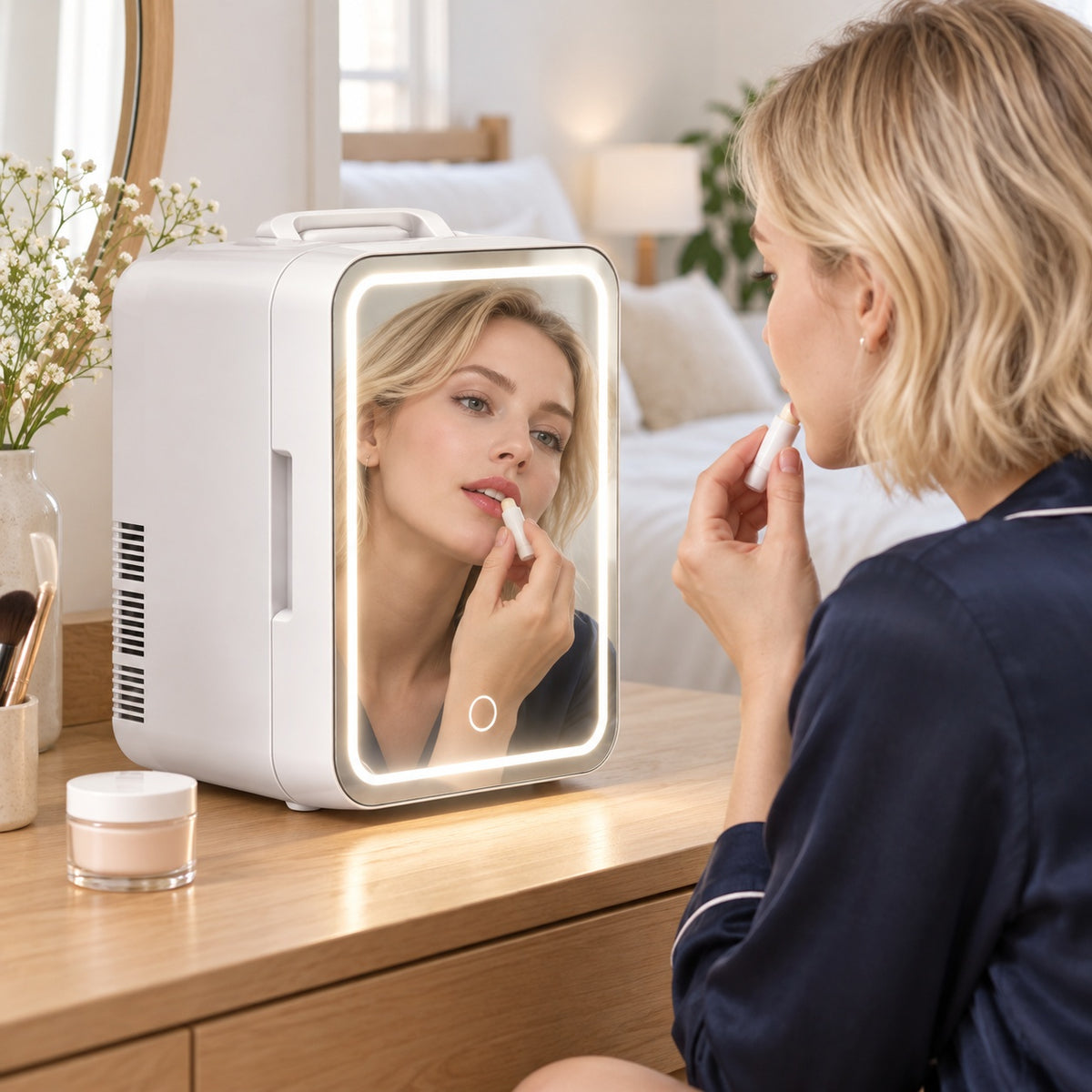 P4A Skincare Mini Fridge with Mirror & Soft Light - White - lifestyle