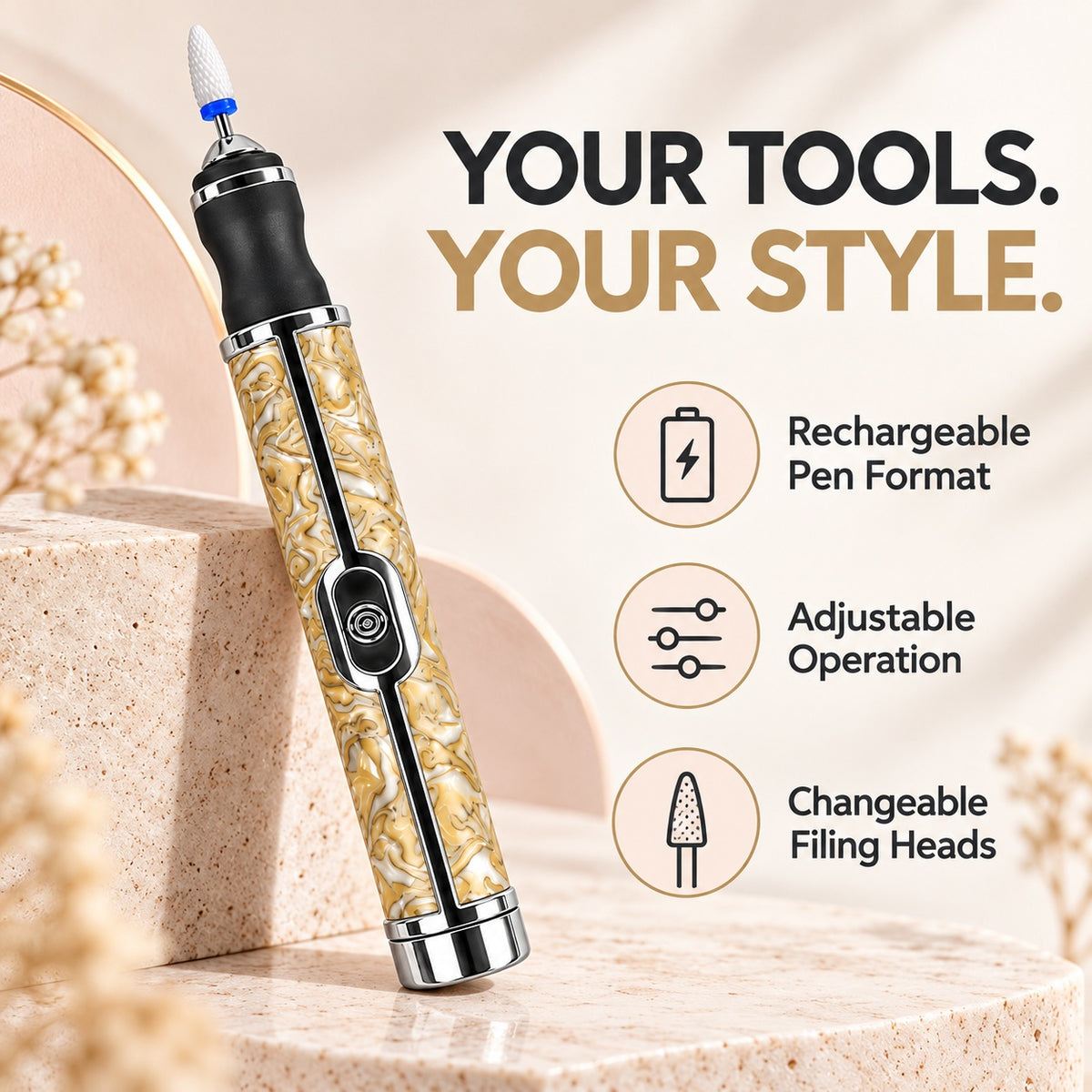 Rechargeable Nail Drill Pen with Adjustable Speed - Brown - features