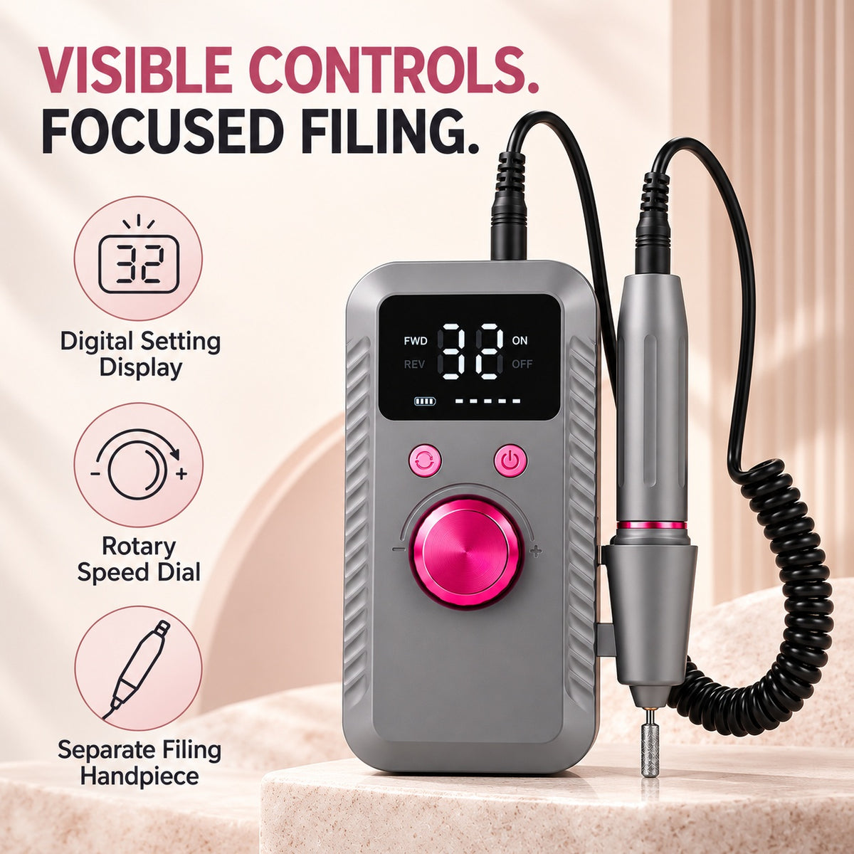 Portable Electric Nail Drill with Digital Controller - Gray - features