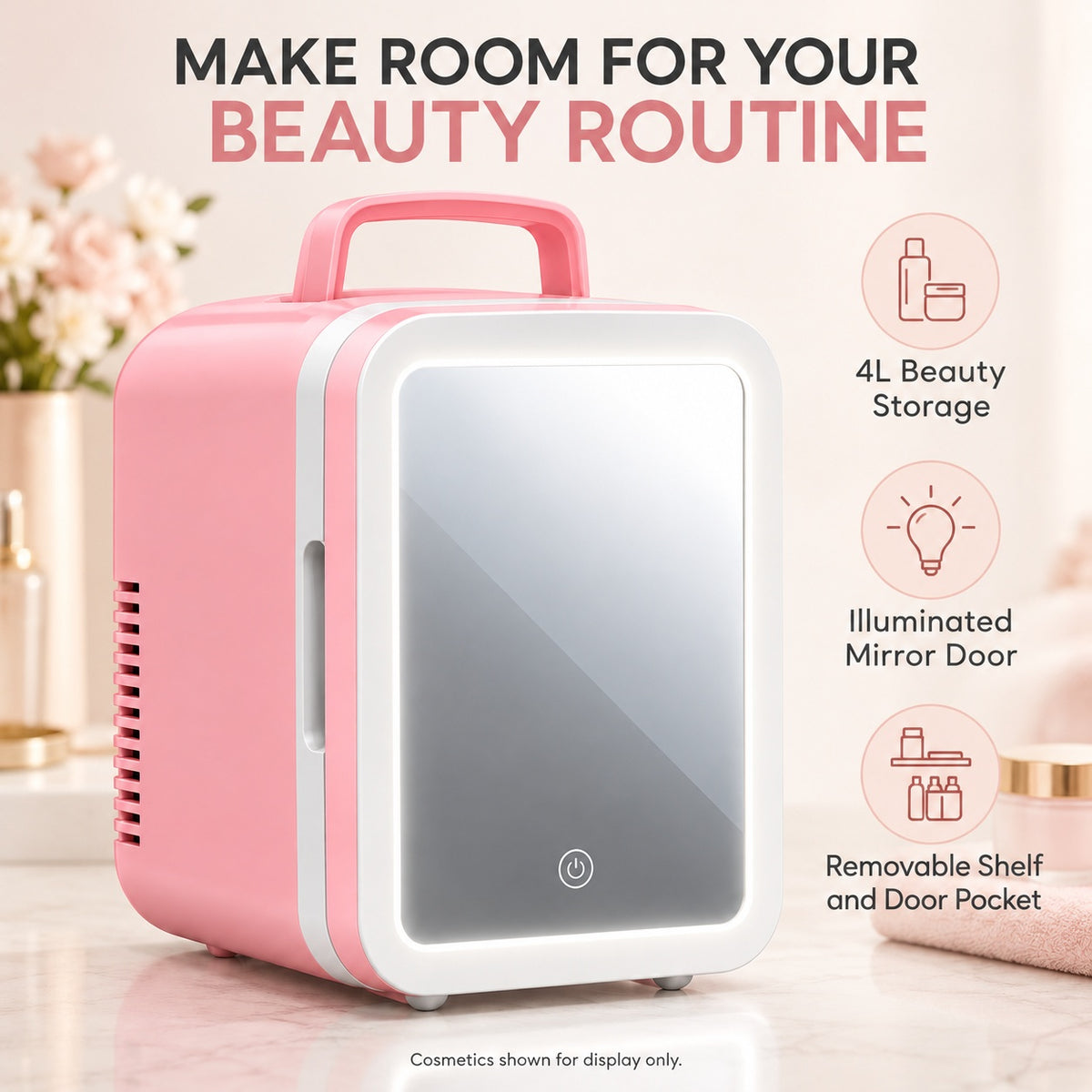 4L Skincare Mini Fridge with LED Mirror, Home & Car - Pink 4L - features