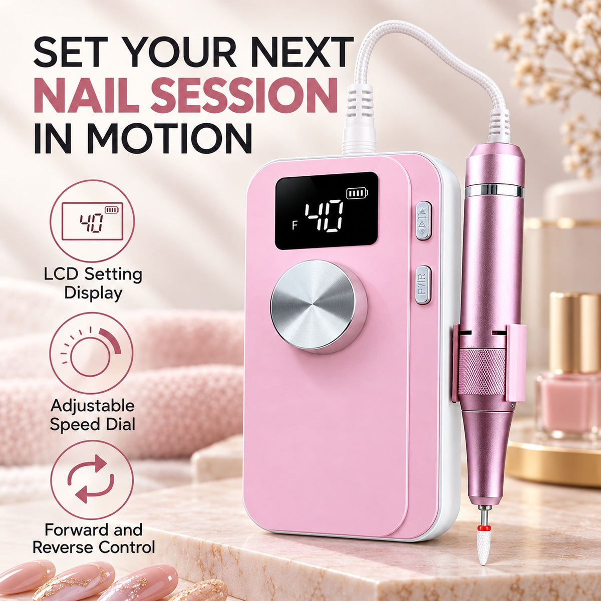 M05 Portable Nail Drill with LCD Display, Advanced Set - Pink - features