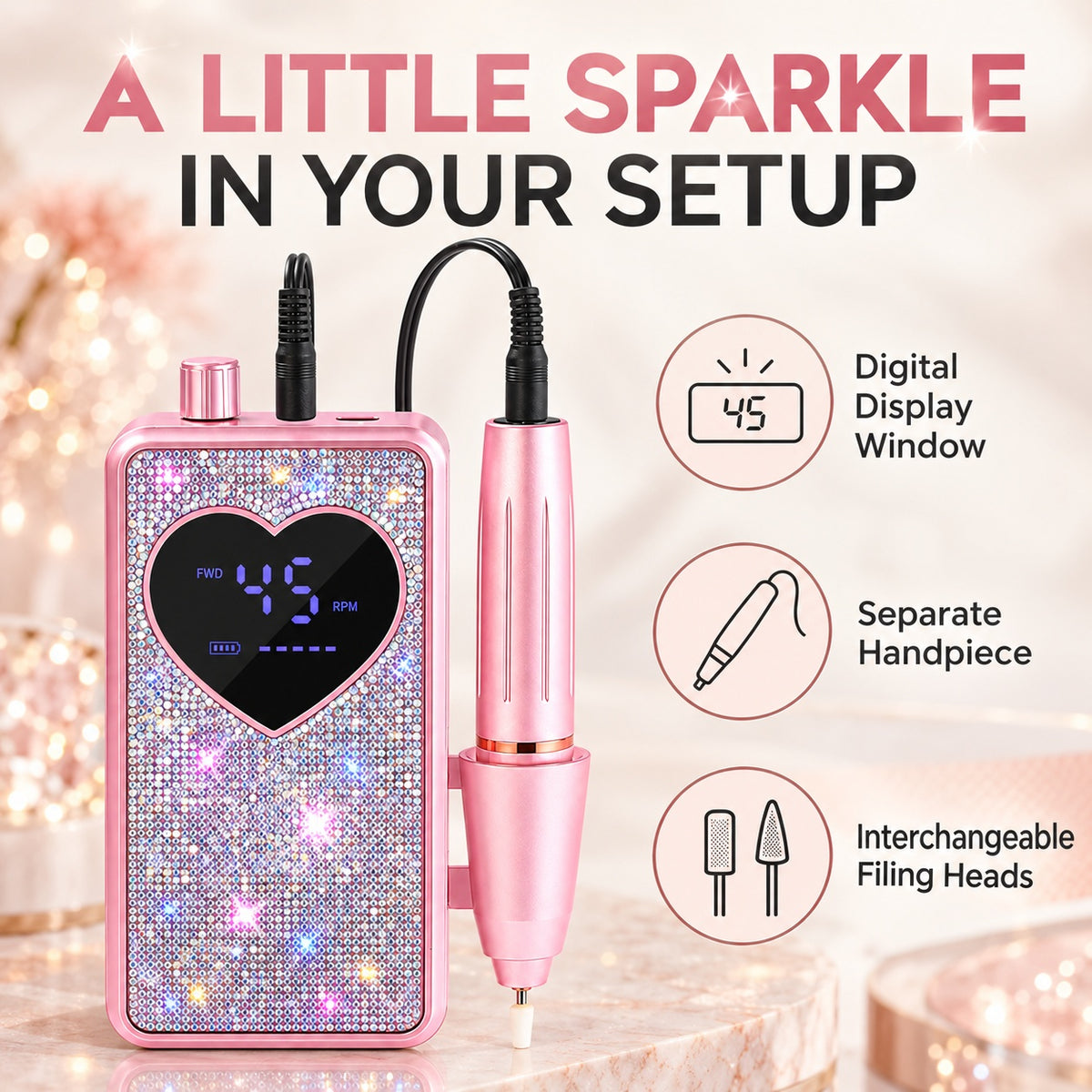 Sparkle Nail Drill with Digital Display, Flower or Heart - Heart Rhinestone - features