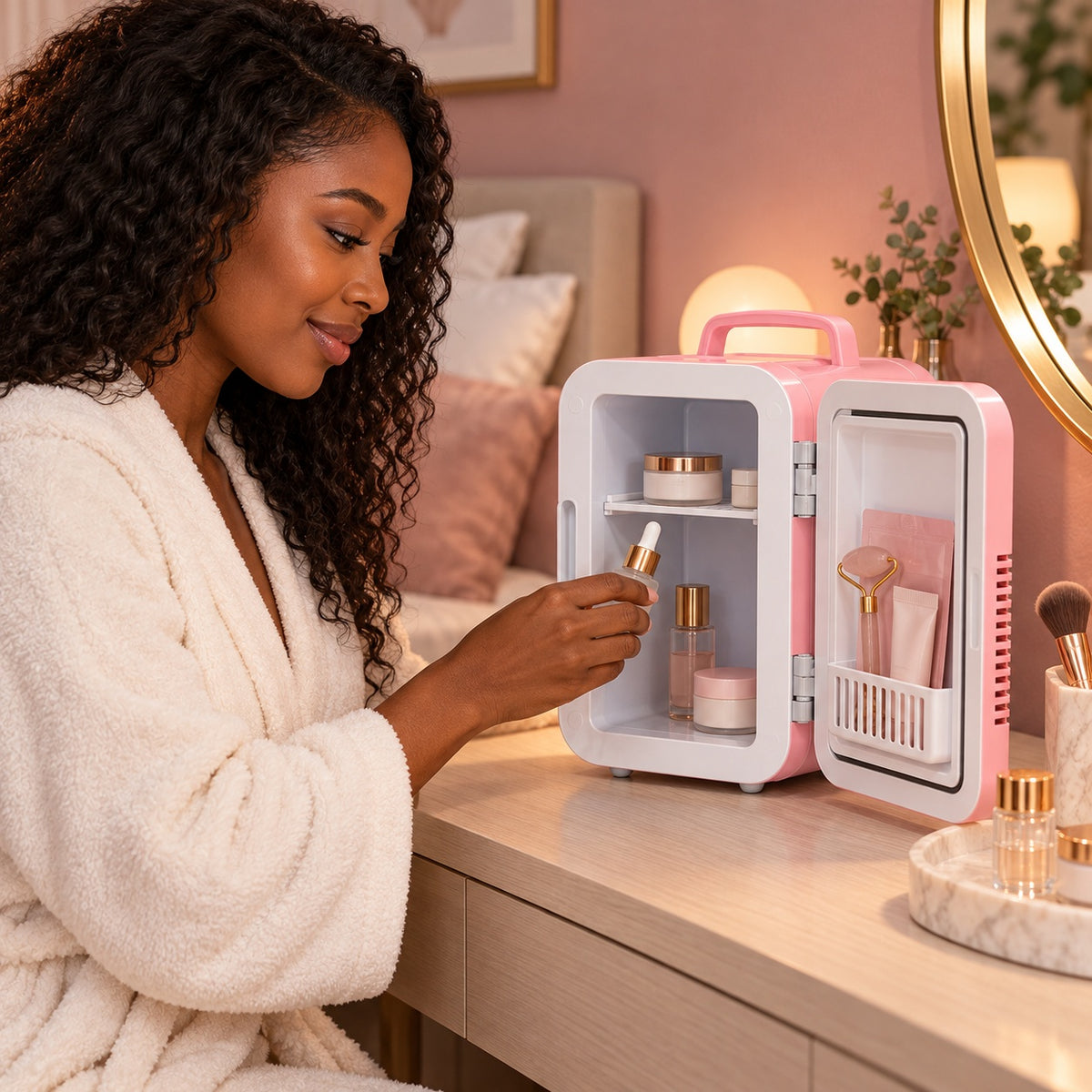 4L Skincare Mini Fridge with LED Mirror, Home & Car - Pink 4L - lifestyle