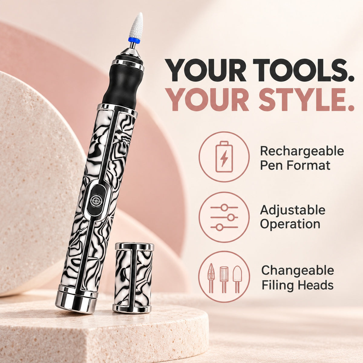 Rechargeable Nail Drill Pen with Adjustable Speed - Zebra Print - features