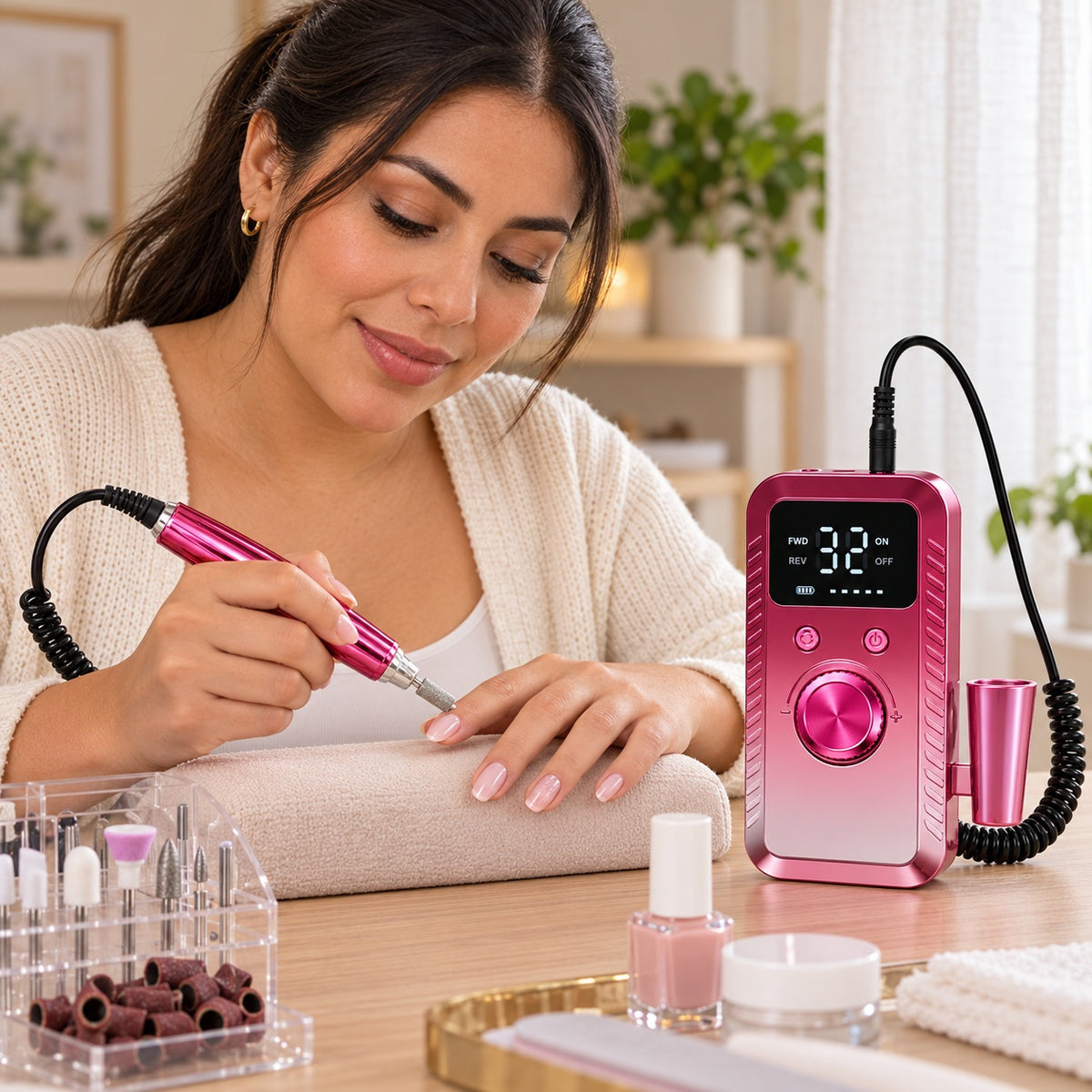 Portable Electric Nail Drill with Digital Controller - Gradient Burgundy - lifestyle