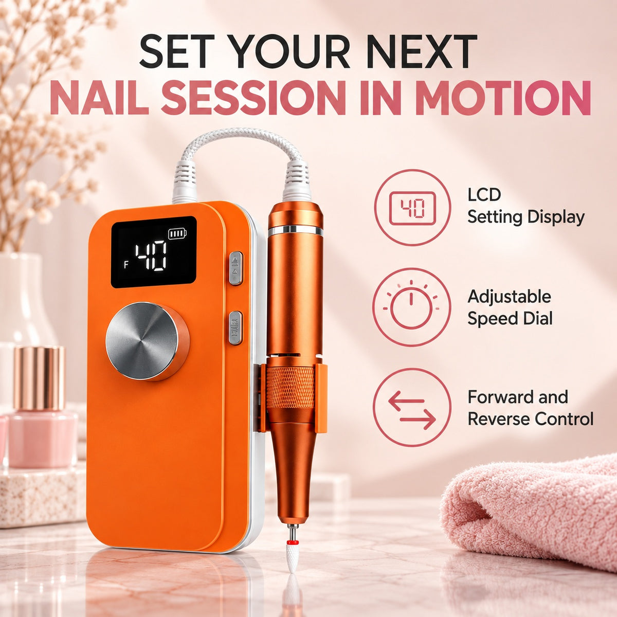 M05 Portable Nail Drill with LCD Display, Advanced Set - Orange - features