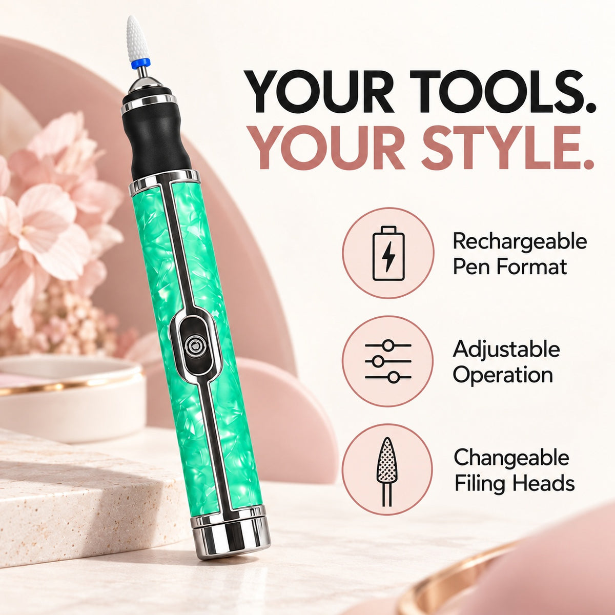 Rechargeable Nail Drill Pen with Adjustable Speed - Emerald Green - features