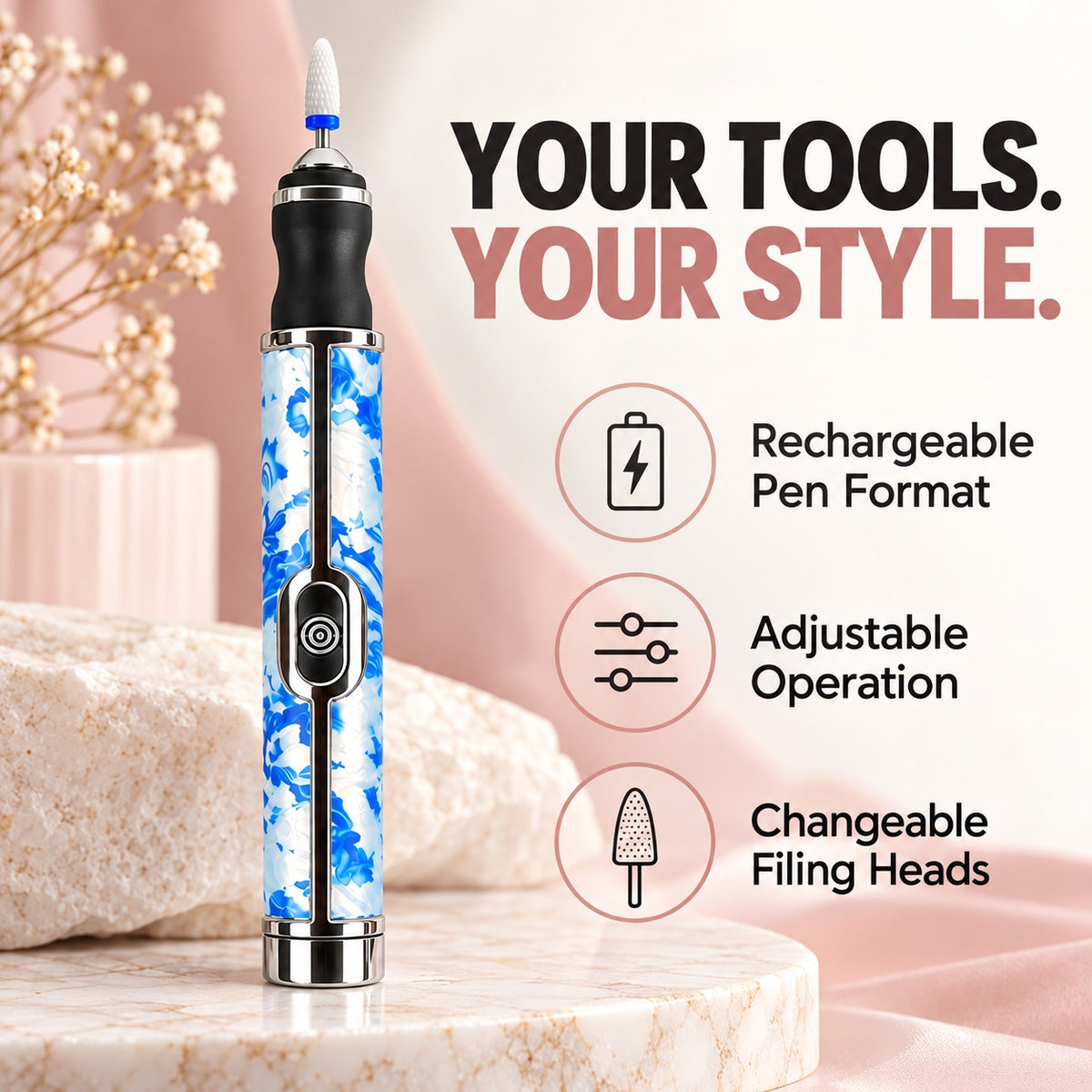 Rechargeable Nail Drill Pen with Adjustable Speed - Blue-and-White Porcelain Pattern - features