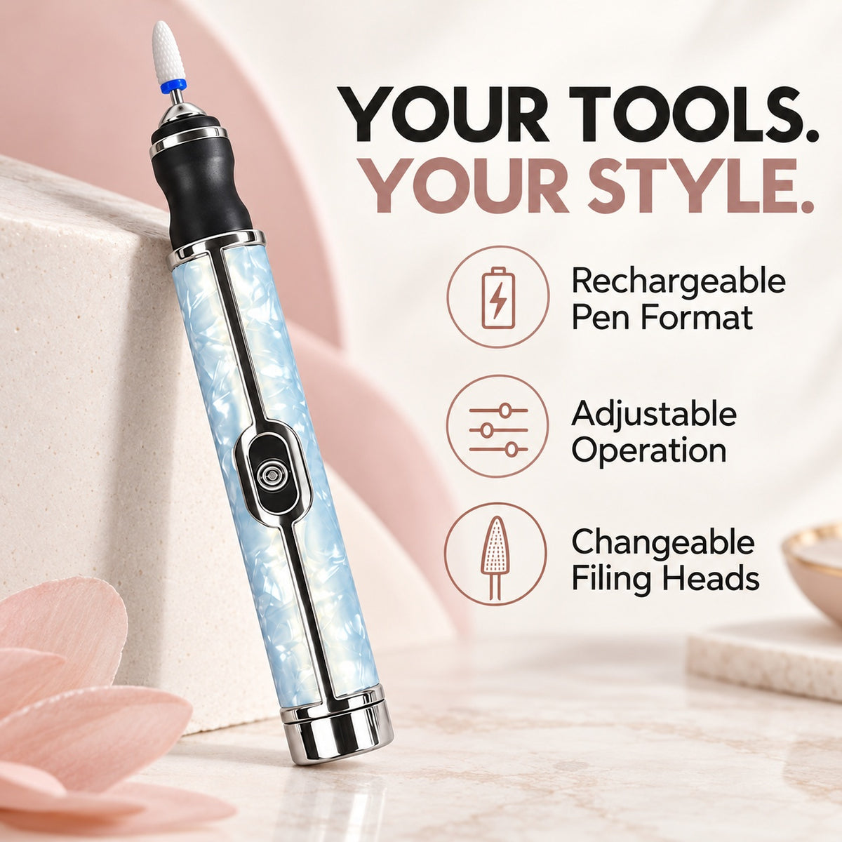 Rechargeable Nail Drill Pen with Adjustable Speed - Blue - features