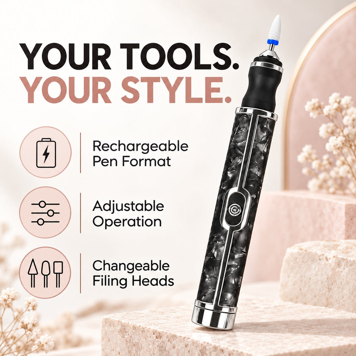 Rechargeable Nail Drill Pen with Adjustable Speed - Black - features