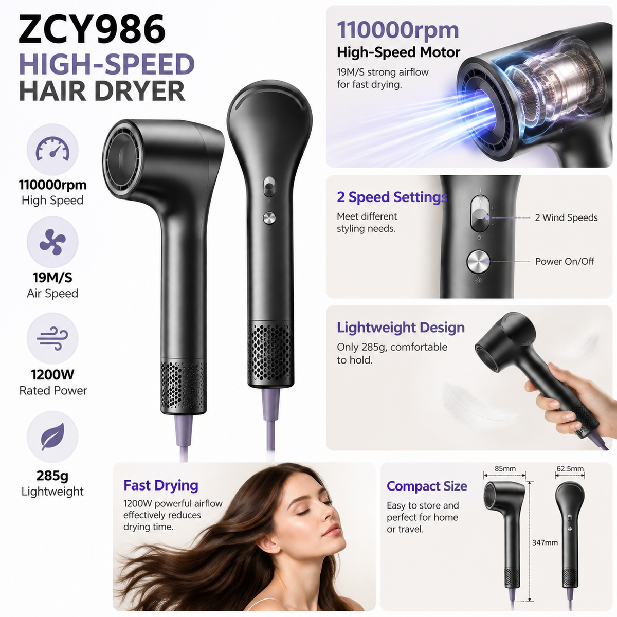 ZCY986 High-Speed Ionic Hair Dryer & Styling Tool - 2