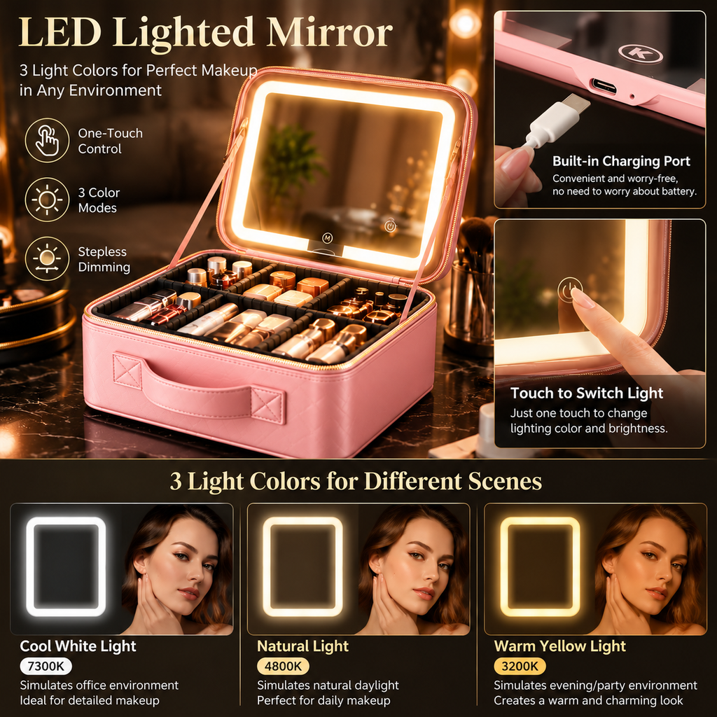 Travel Makeup Bag with LED Mirror & Adjustable Dividers - 4