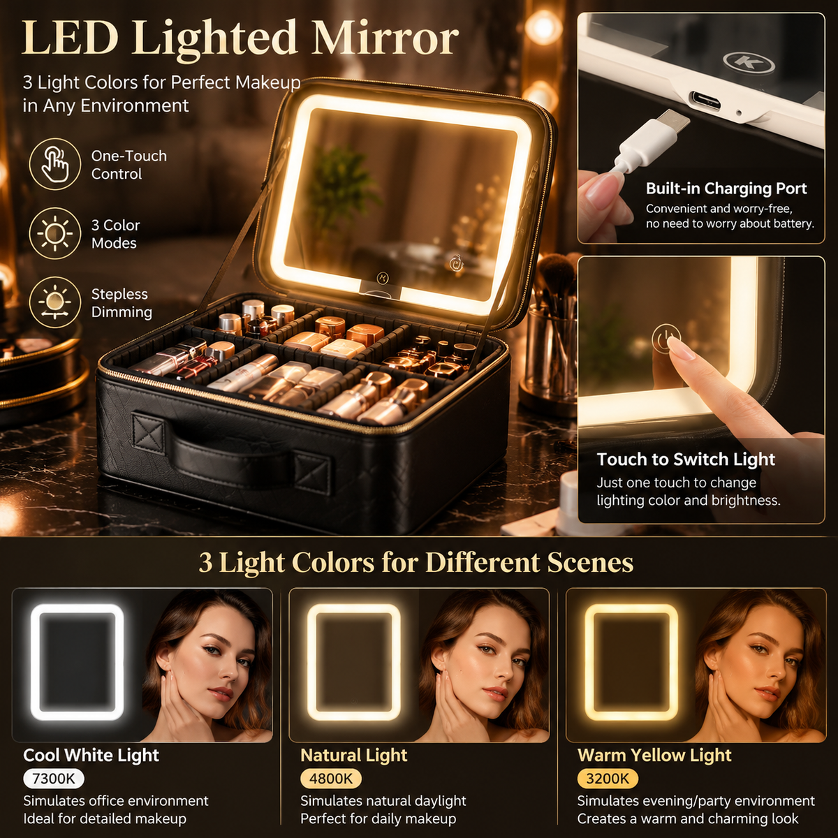 Travel Makeup Bag with LED Mirror & Adjustable Dividers - 6