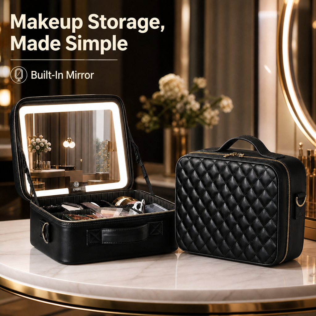 Travel Makeup Bag with LED Mirror & Adjustable Dividers - 9