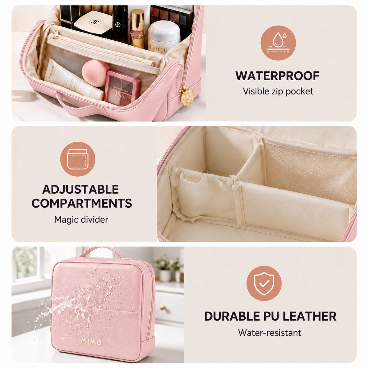 MIMO Travel Makeup Bag with Dividers & Luggage Strap - 2