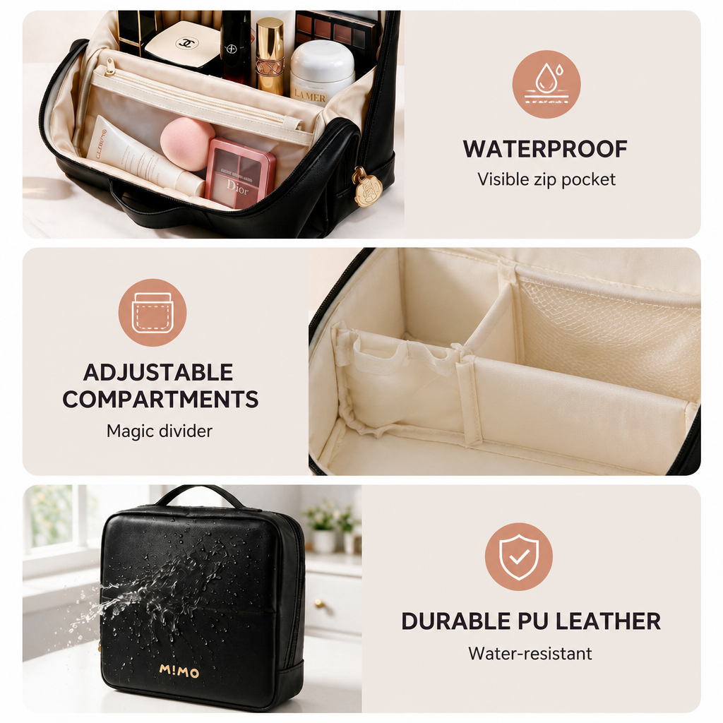 MIMO Travel Makeup Bag with Dividers & Luggage Strap - 4