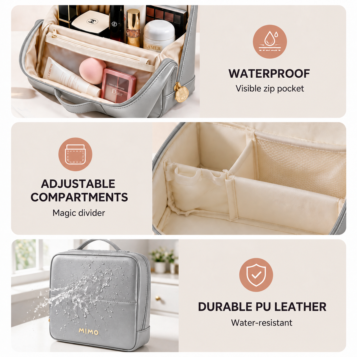 MIMO Travel Makeup Bag with Dividers & Luggage Strap - 5
