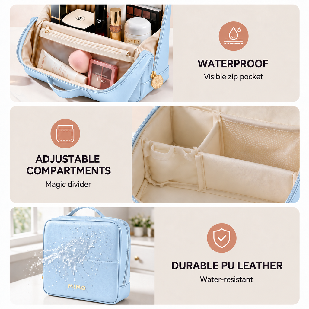 MIMO Travel Makeup Bag with Dividers & Luggage Strap - 6