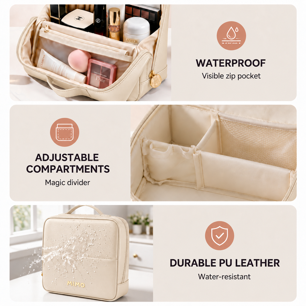 MIMO Travel Makeup Bag with Dividers & Luggage Strap - 7